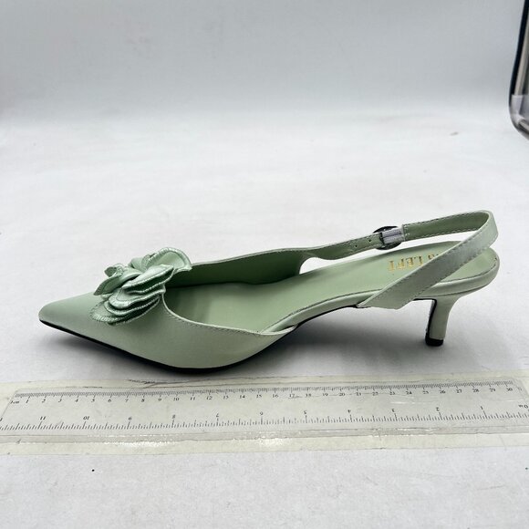 miss left Light Green Flower Pointed Toe Satin Slingback Slip on Low Heel Pumps - Picture 2 of 8